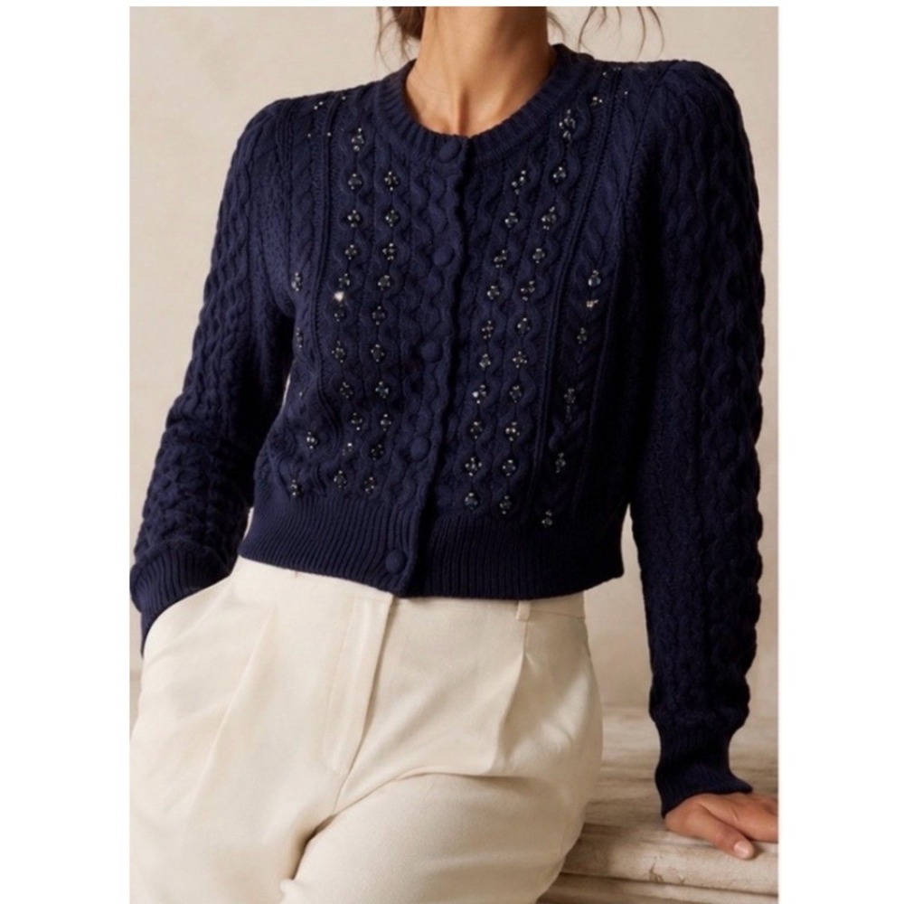 Caroline Constas Jeweled Midnight Blue Cardigan Cable Knit Bejeweled Button Up